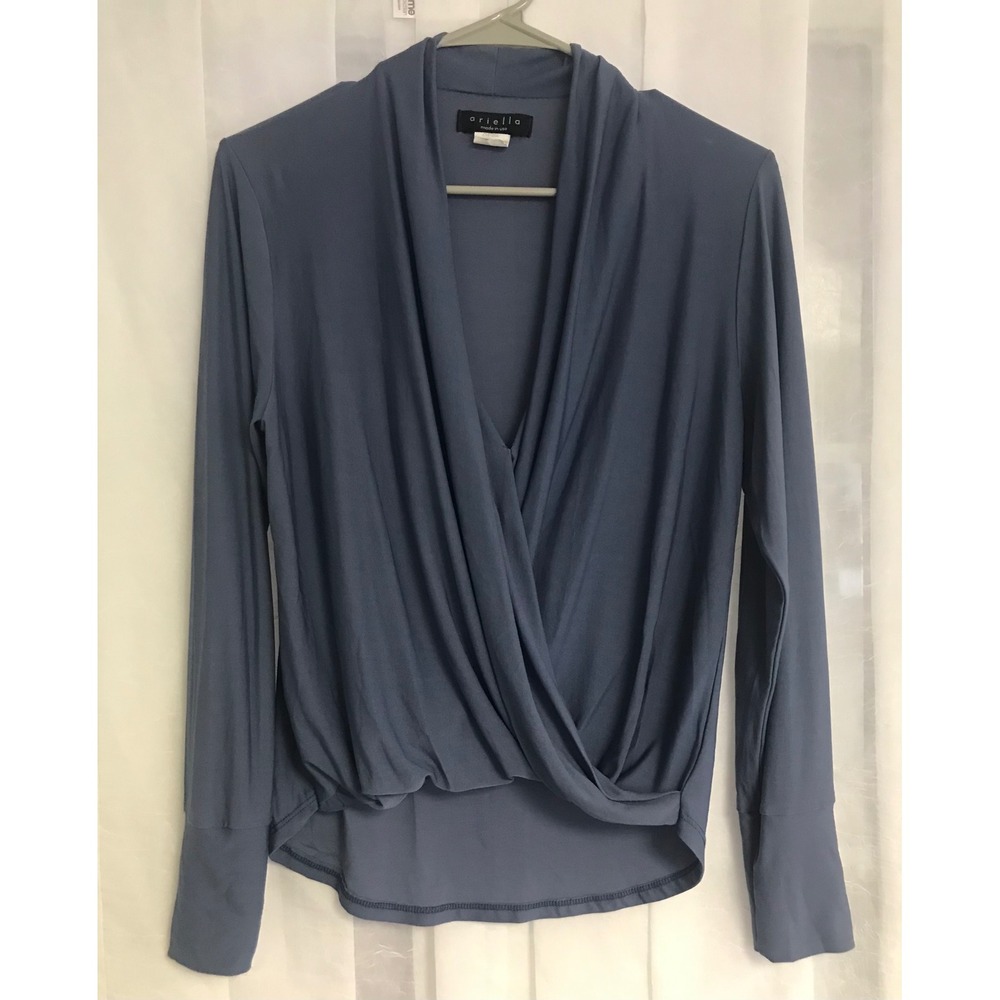 Ariella Slate Blue Draped Surplice Long Sleeve Wrap Small Made in USA